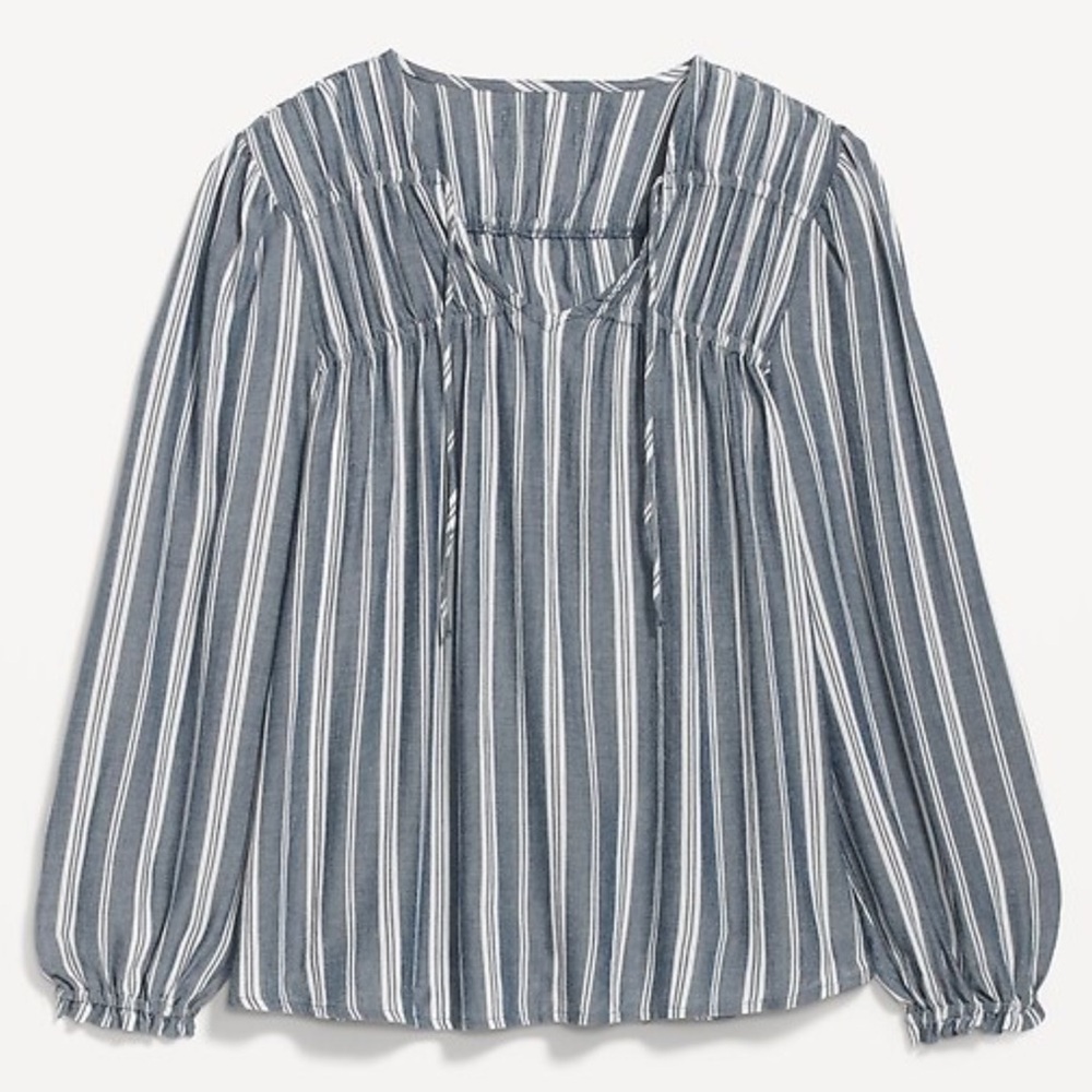 Old Navy Poet Blouse Crinkle Smocked Blue White Stripe Boho Coastal Oversized XL